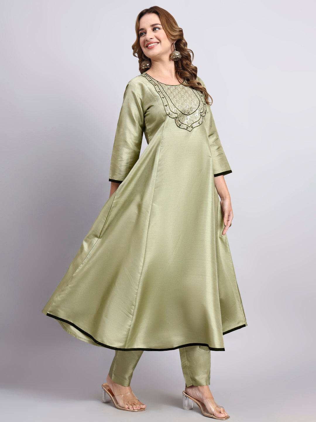 Pista Green Embroidered Anarkali Suit Set