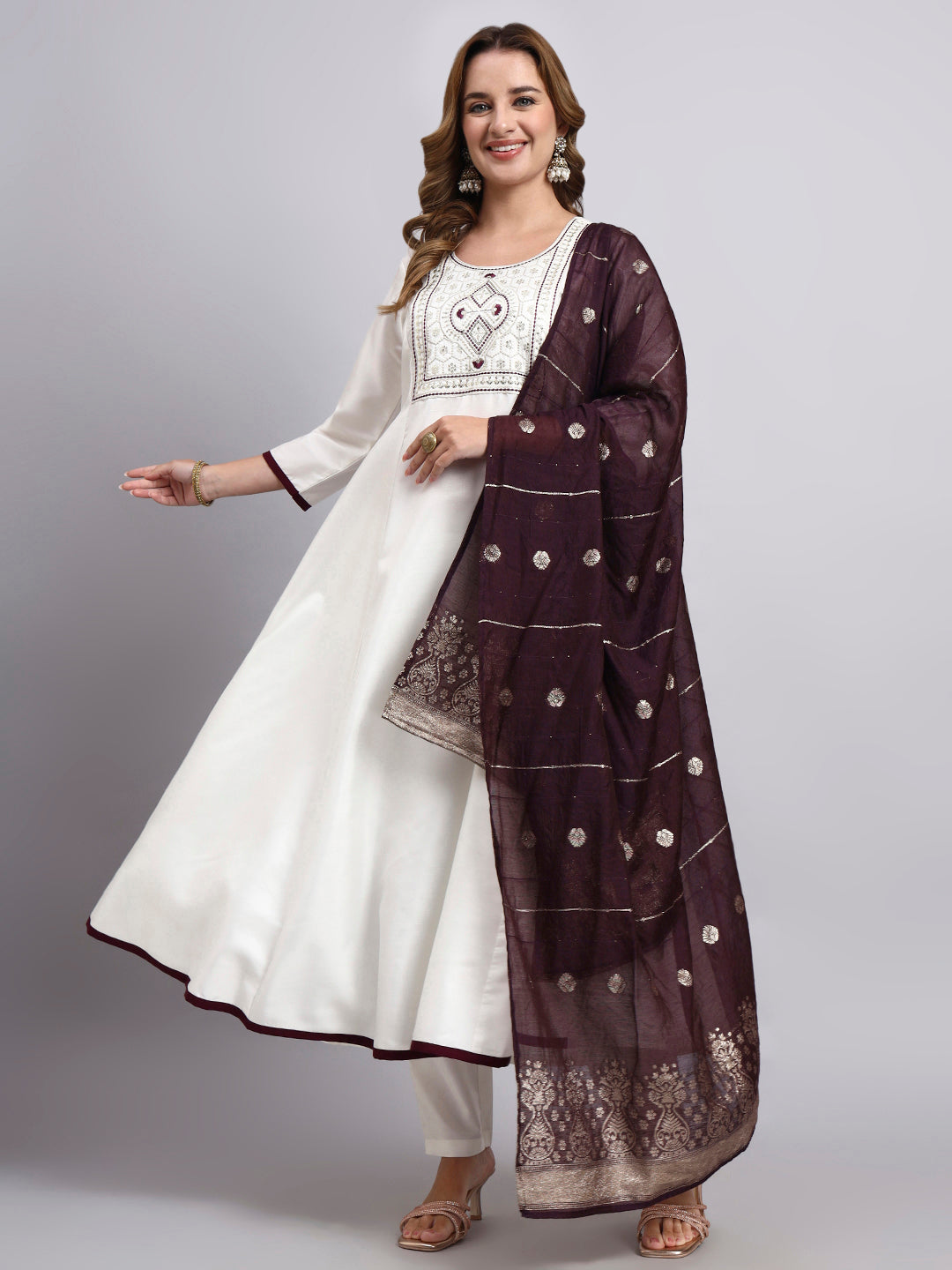 White Embroidered Anarkali Suit Set with Wine Dupatta