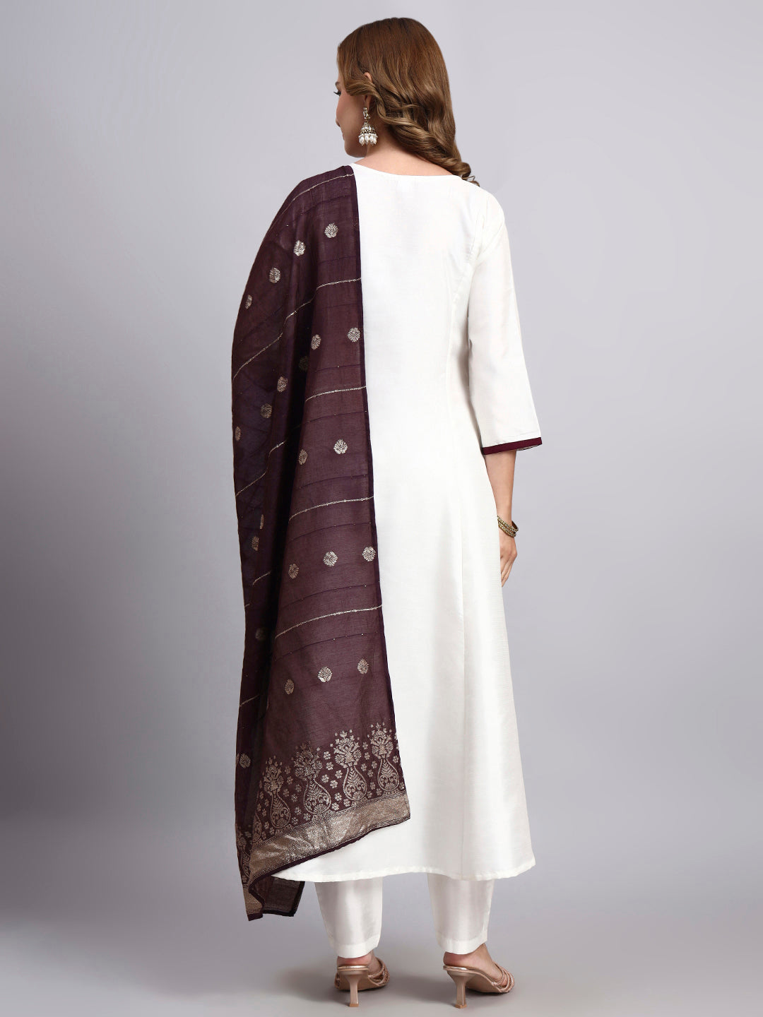 White Embroidered Anarkali Suit Set with Wine Dupatta