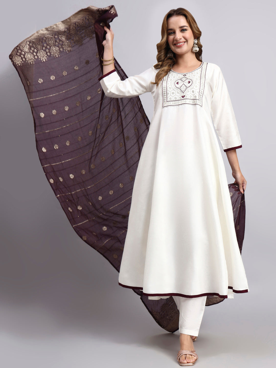 White Embroidered Anarkali Suit Set with Wine Dupatta