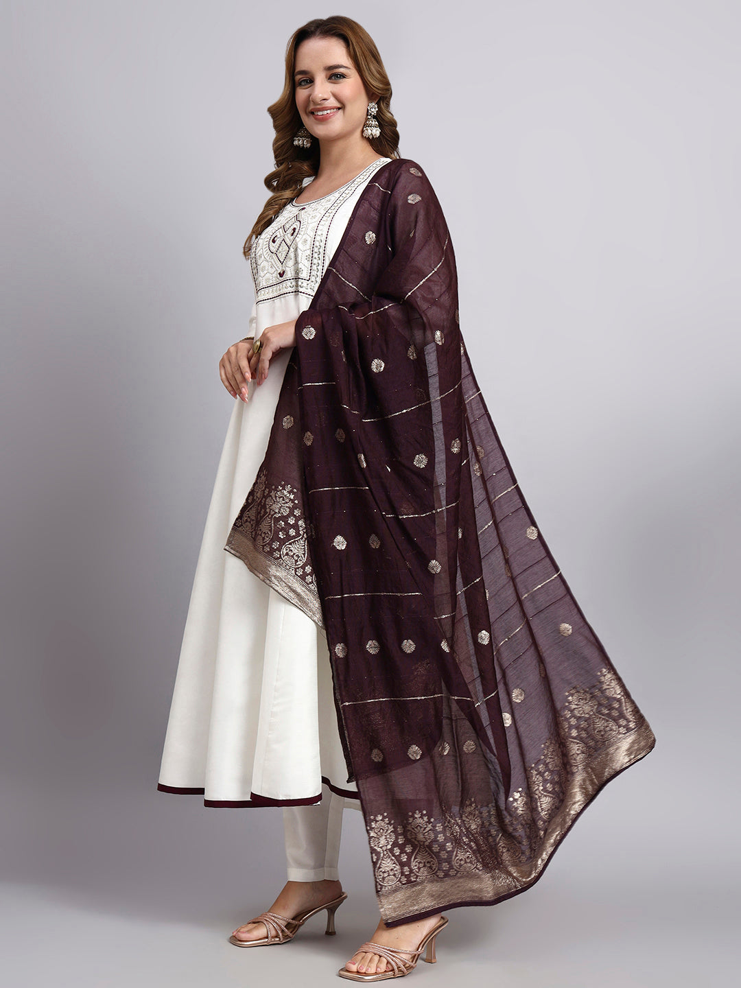 White Embroidered Anarkali Suit Set with Wine Dupatta