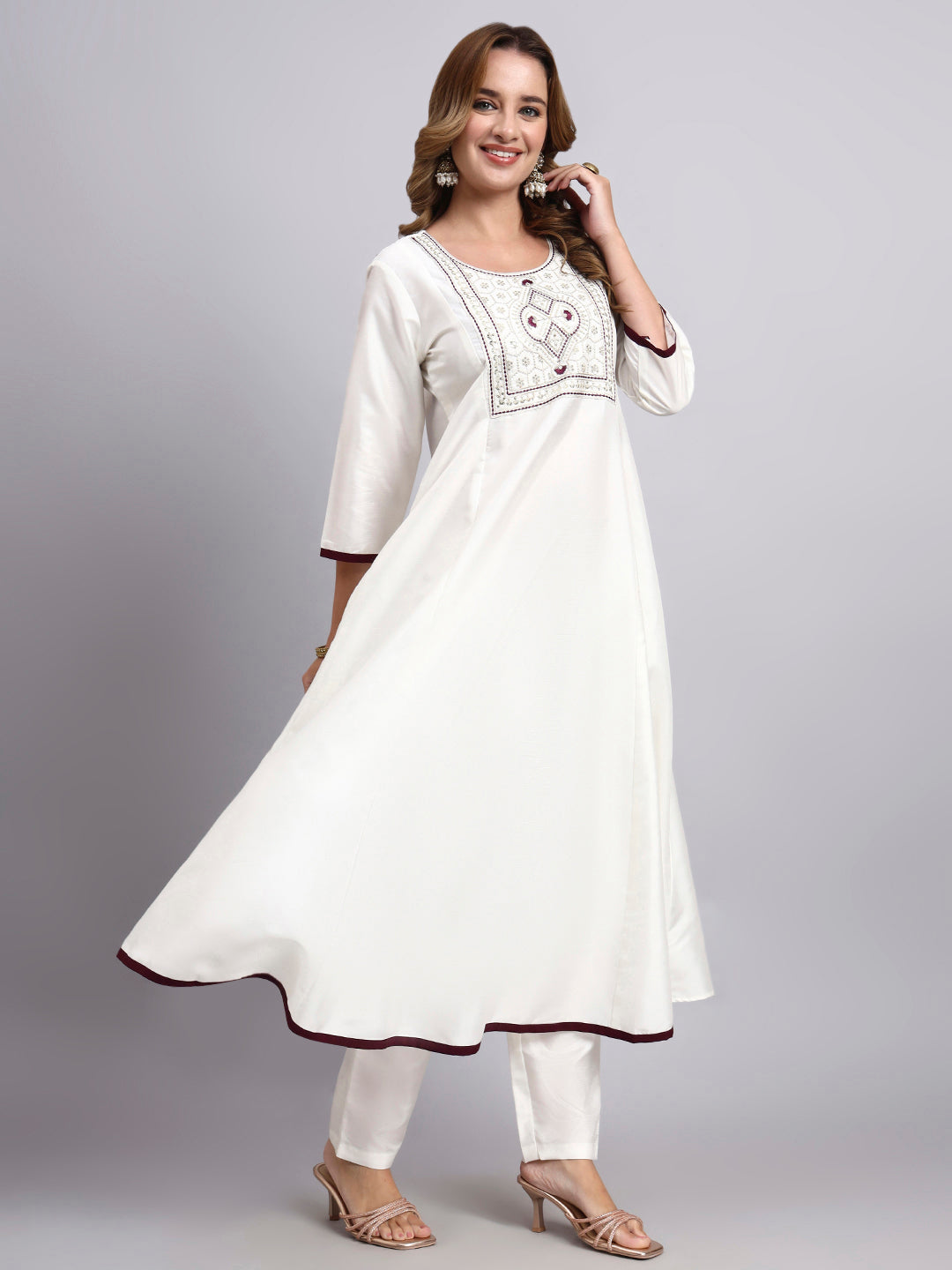 White Embroidered Anarkali Suit Set with Wine Dupatta