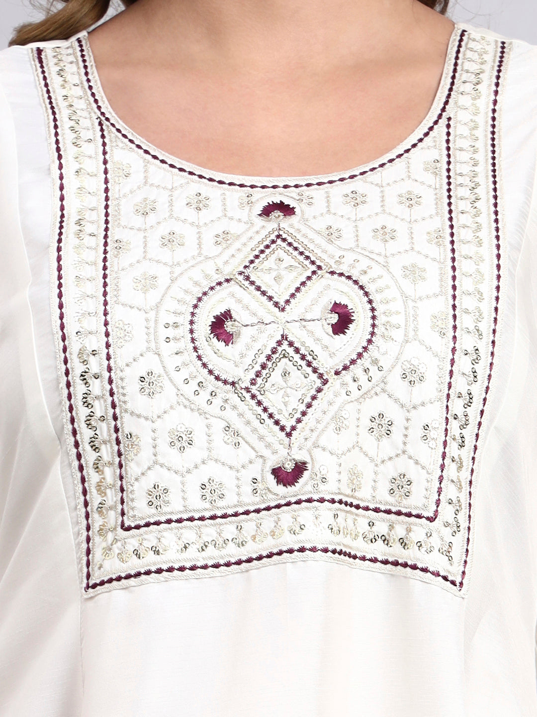 White Embroidered Anarkali Suit Set with Wine Dupatta