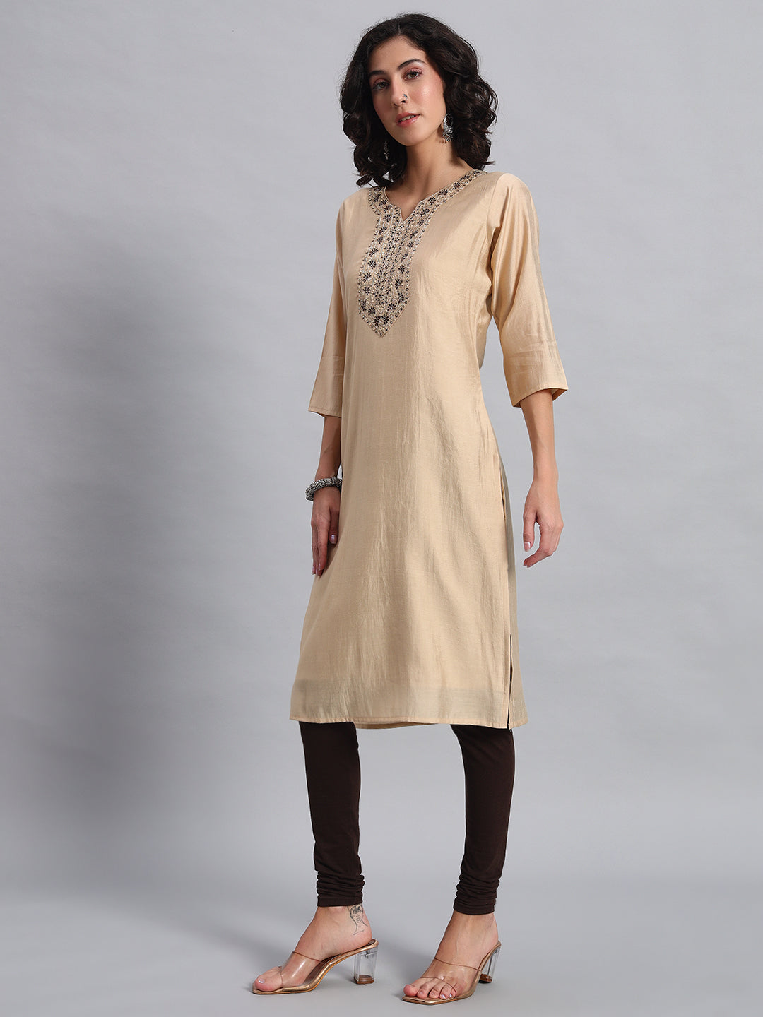 beige straight-fit kurta