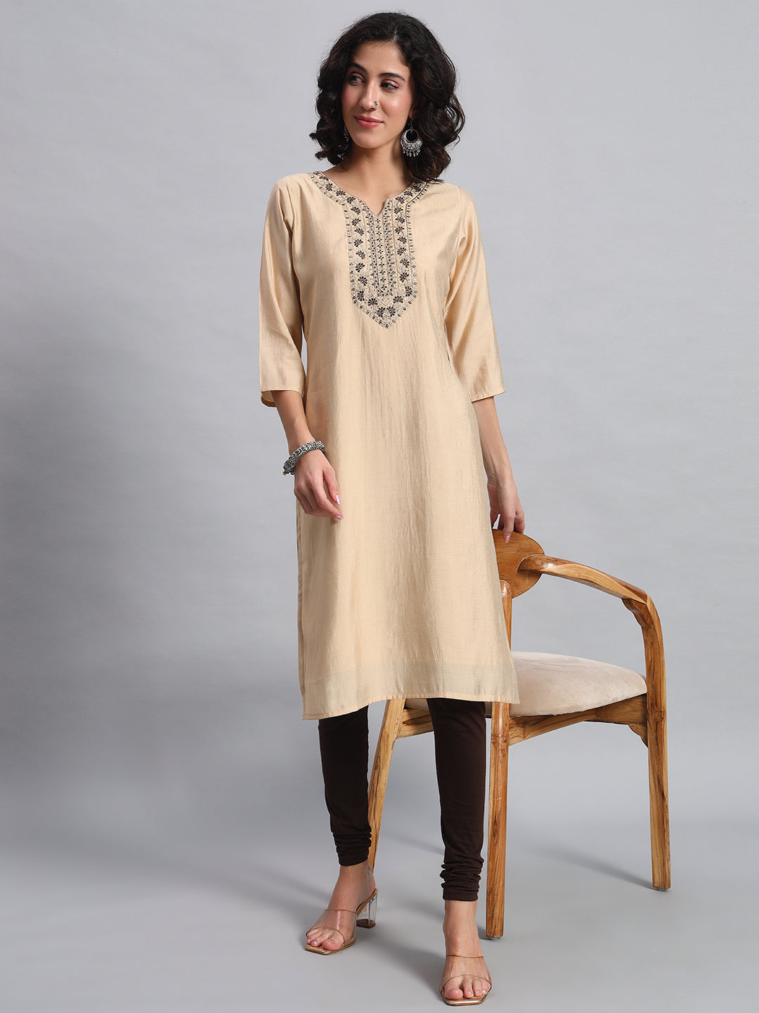 beige straight-fit kurta