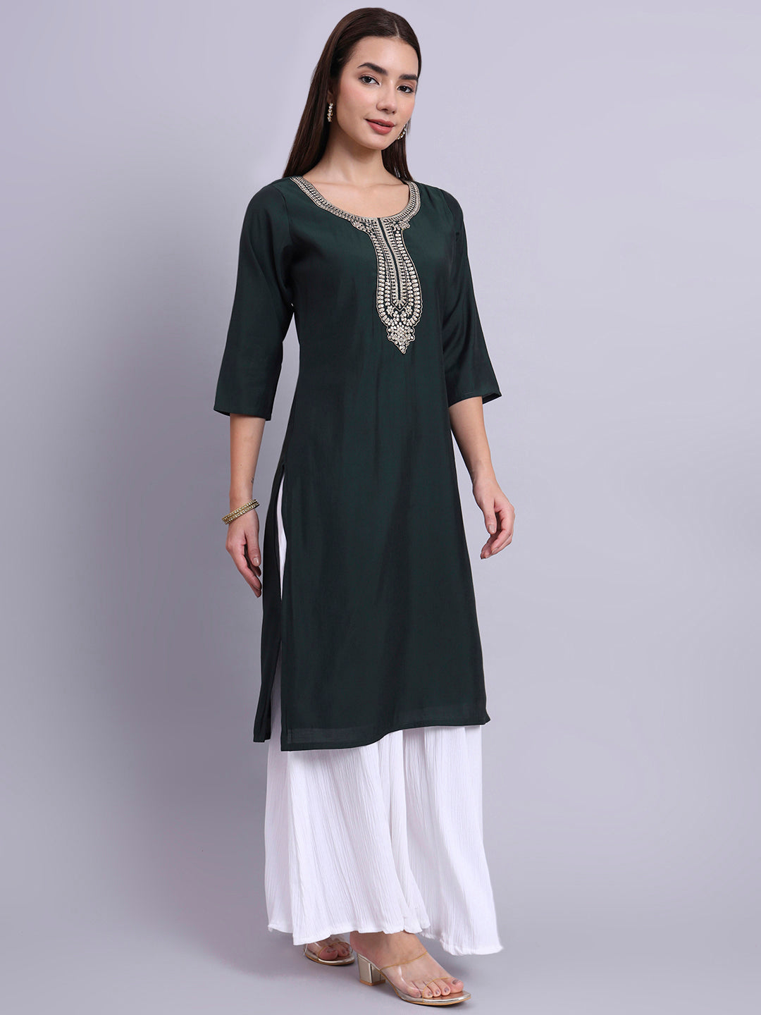 Bottle Green Embroidered Straight Kurta for Women