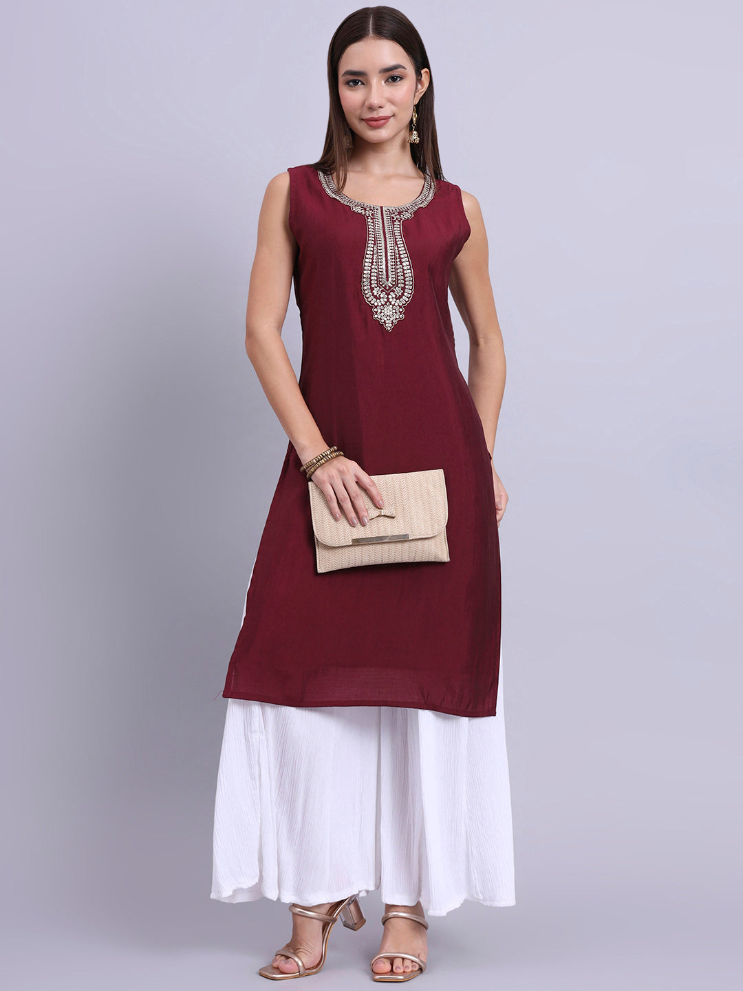 Sleeveless Maroon Straight Kurta