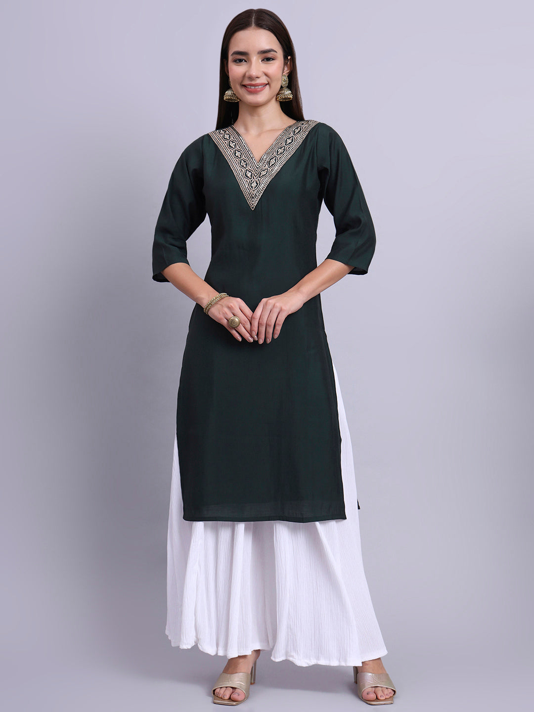 Bottle Green Embroidered Straight Kurta