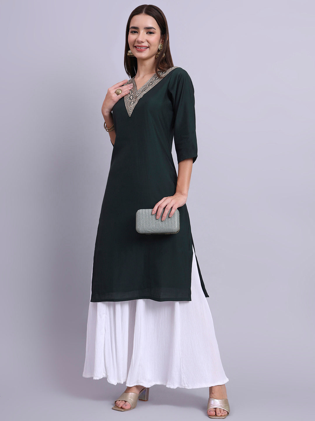 Bottle Green Embroidered Straight Kurta