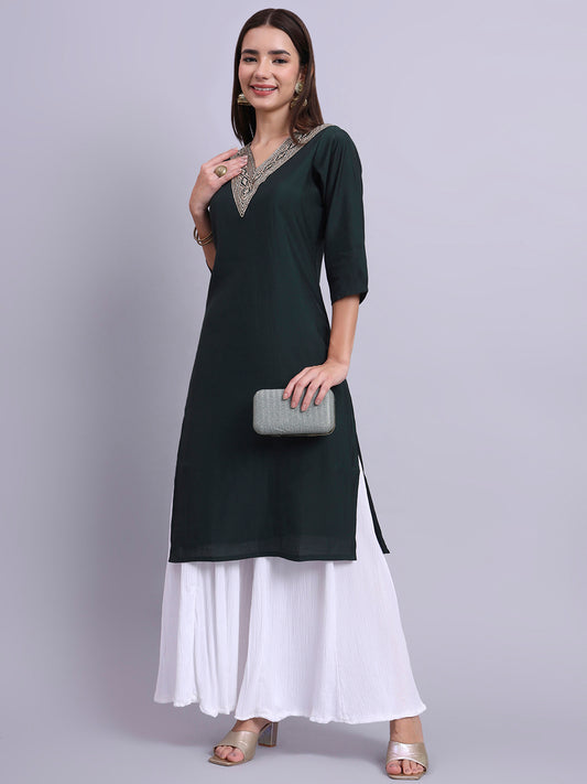 Bottle Green Embroidered Straight Kurta