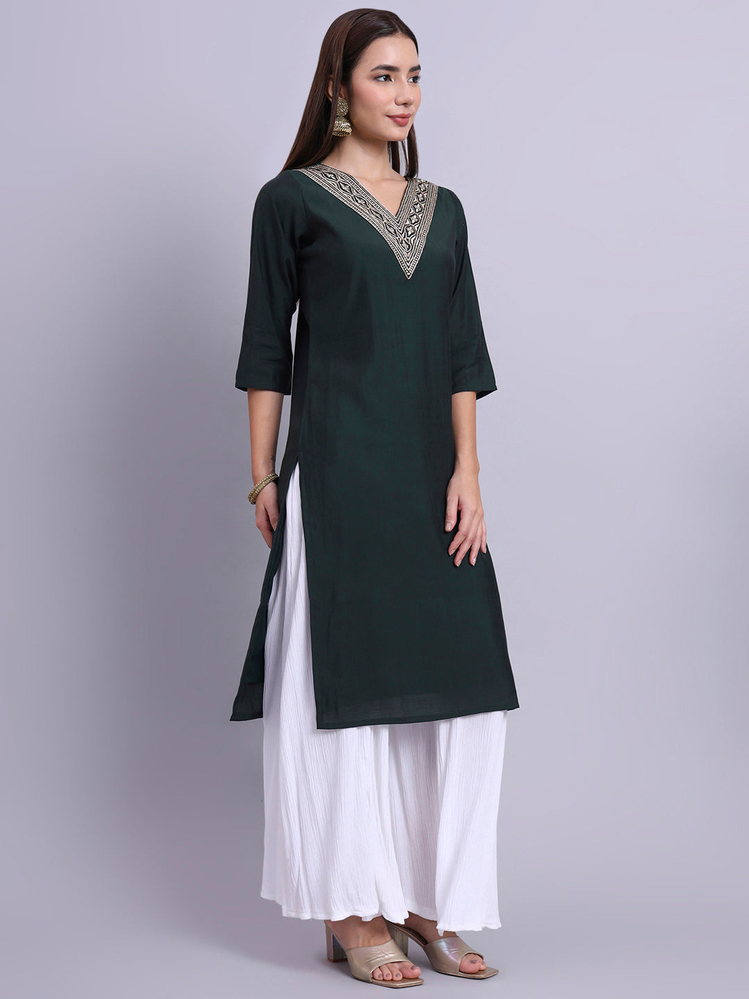 Bottle Green Embroidered Straight Kurta