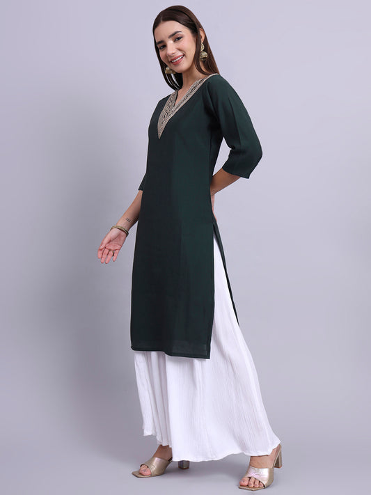 Bottle Green Embroidered Straight Kurta