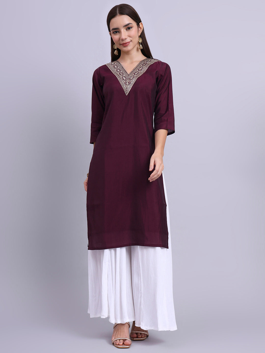 Wine Straight Kurta with Embroidered V-Neck