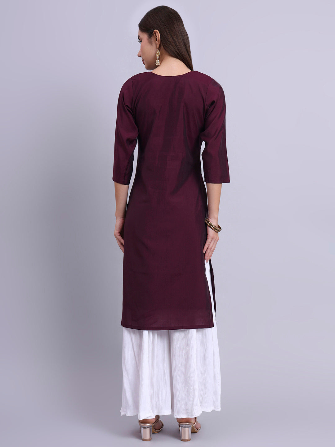 Wine Embroidered Straight Kurta for Women