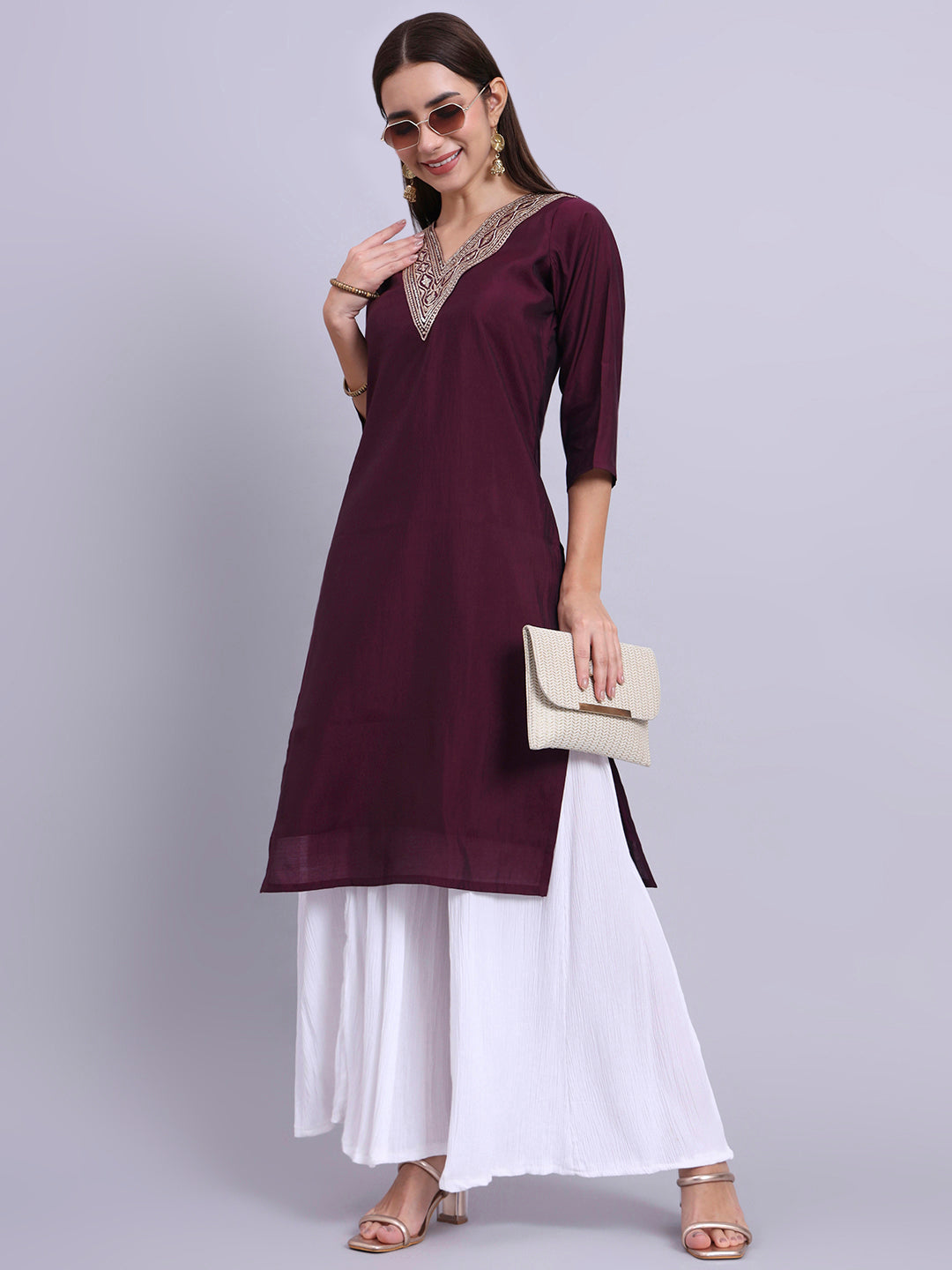 Wine Straight Kurta with Embroidered V-Neck