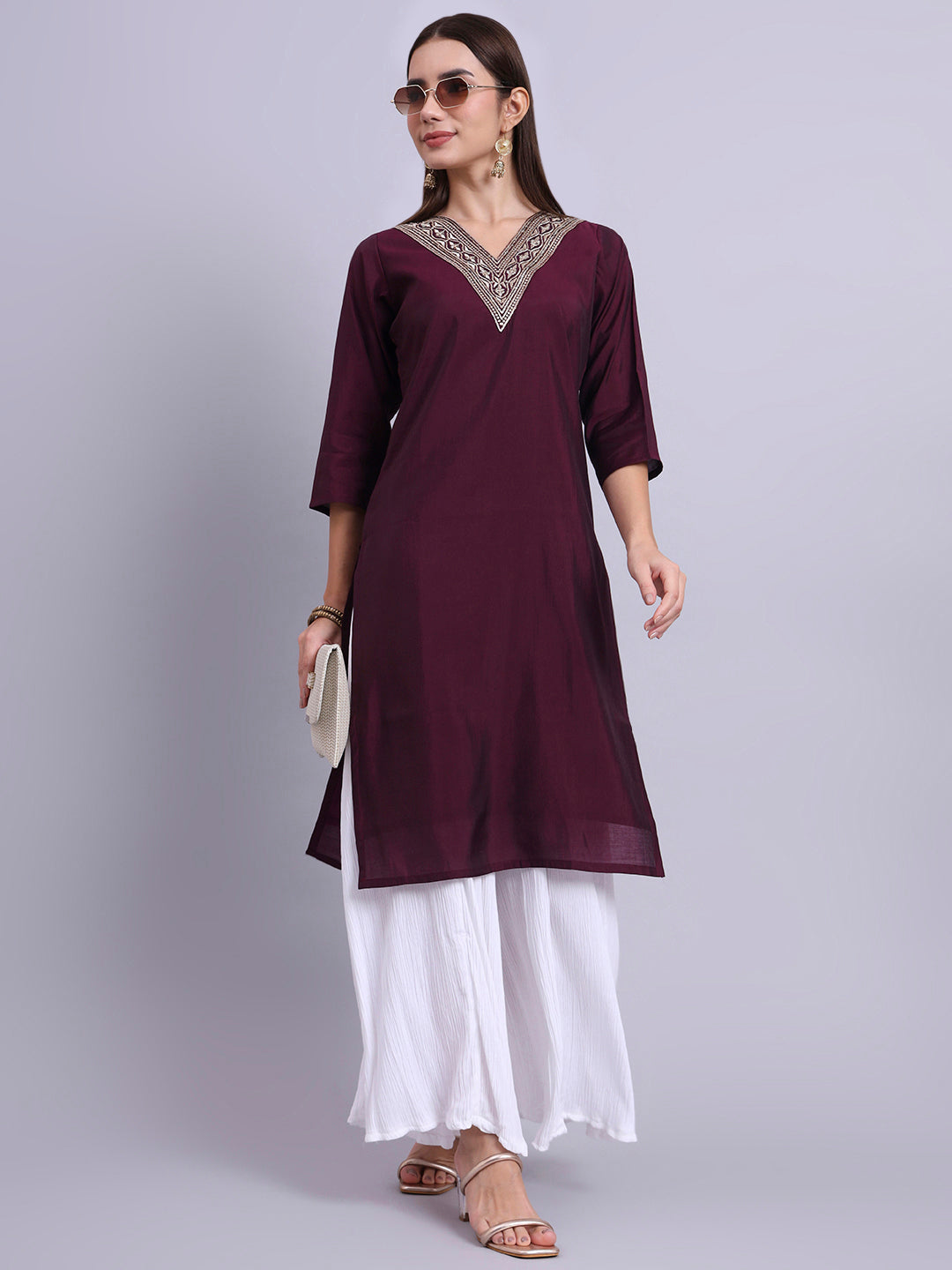Wine Straight Kurta with Embroidered V-Neck