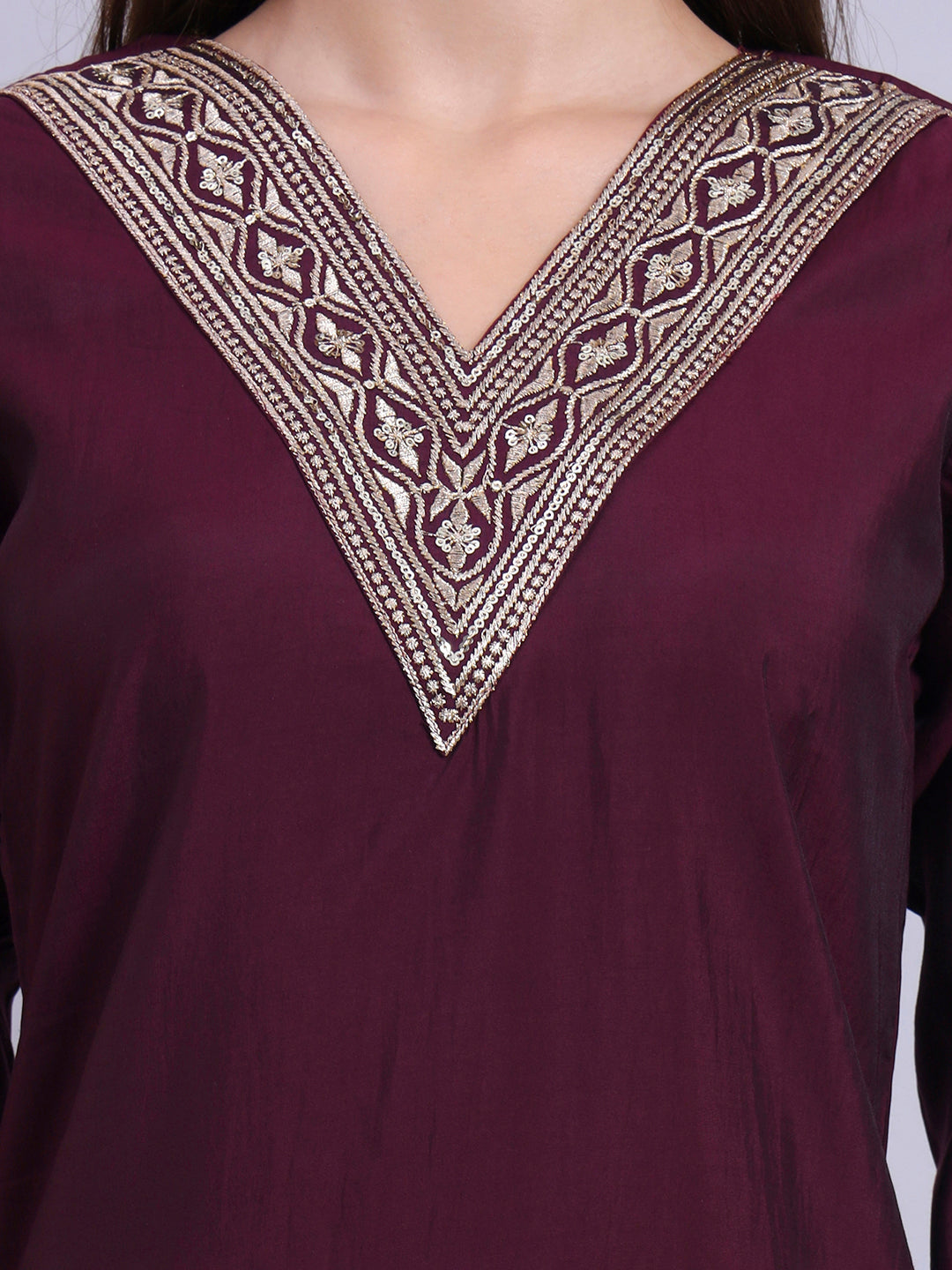 Wine Straight Kurta with Embroidered V-Neck