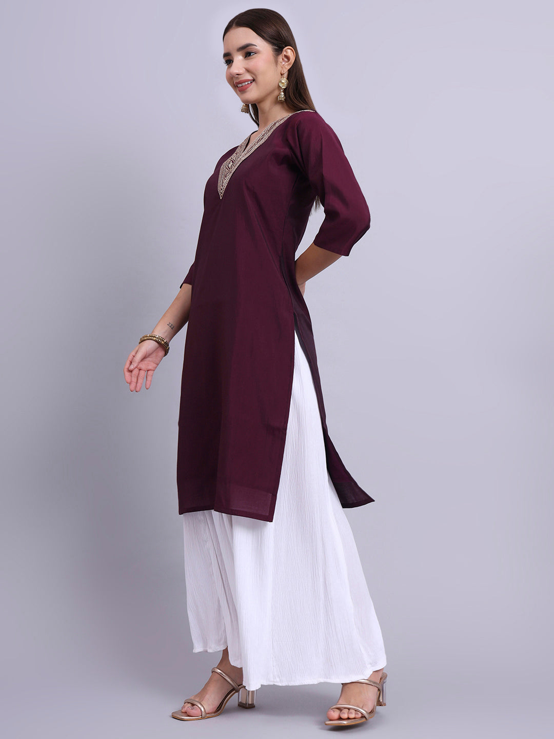 Wine Straight Kurta with Embroidered V-Neck