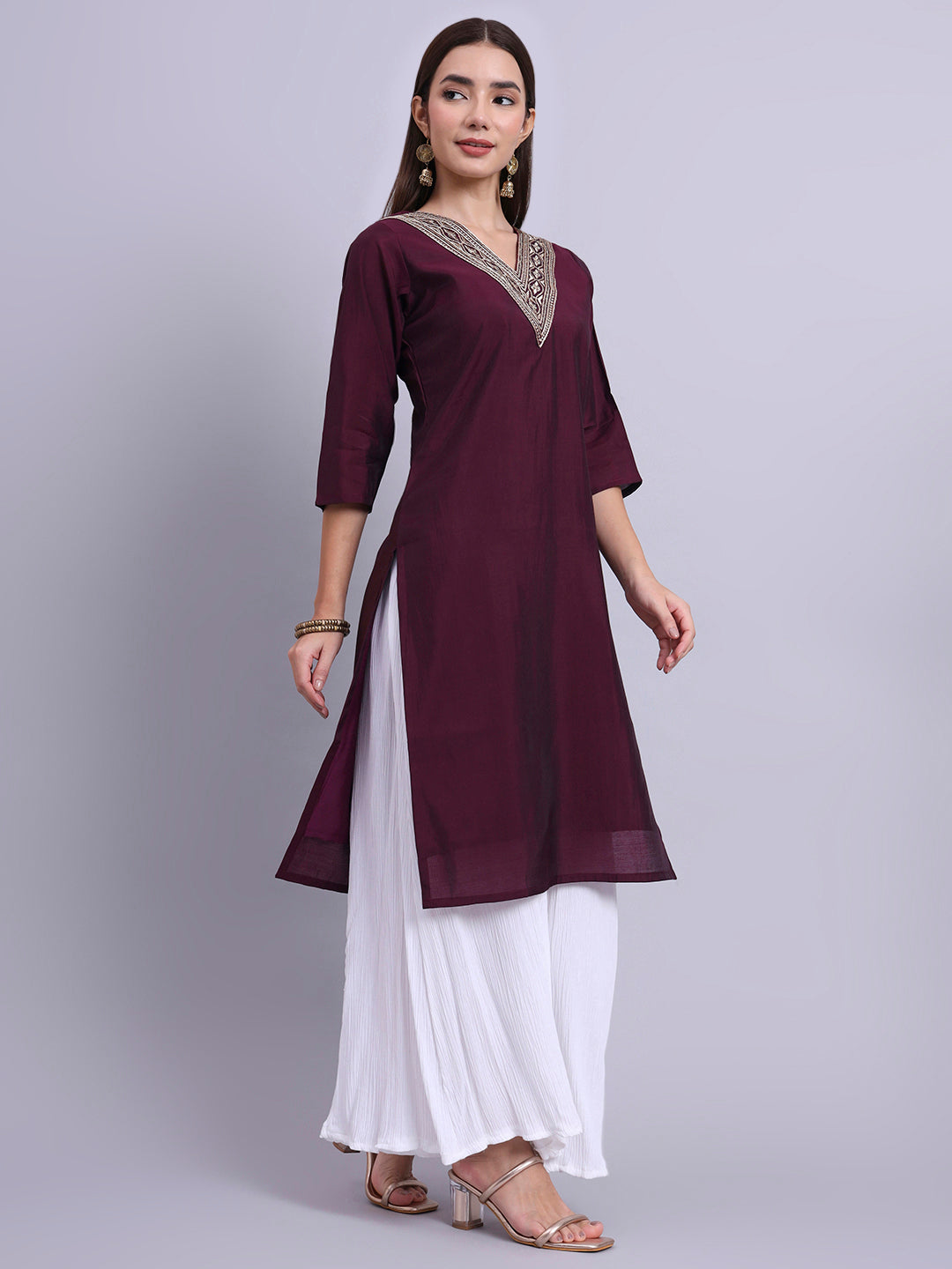 Wine Straight Kurta with Embroidered V-Neck