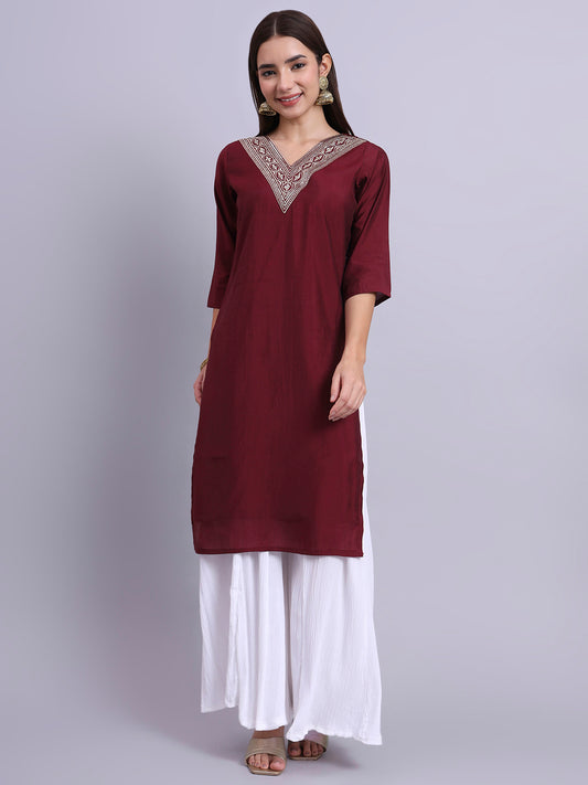 Maroon Embroidered V-Neck Kurta