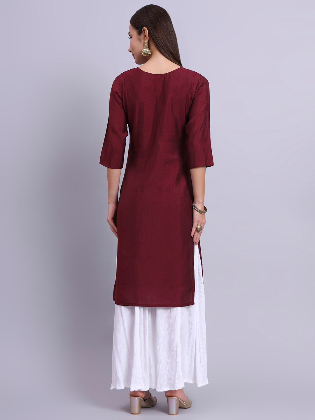 Maroon Embroidered V-Neck Kurta