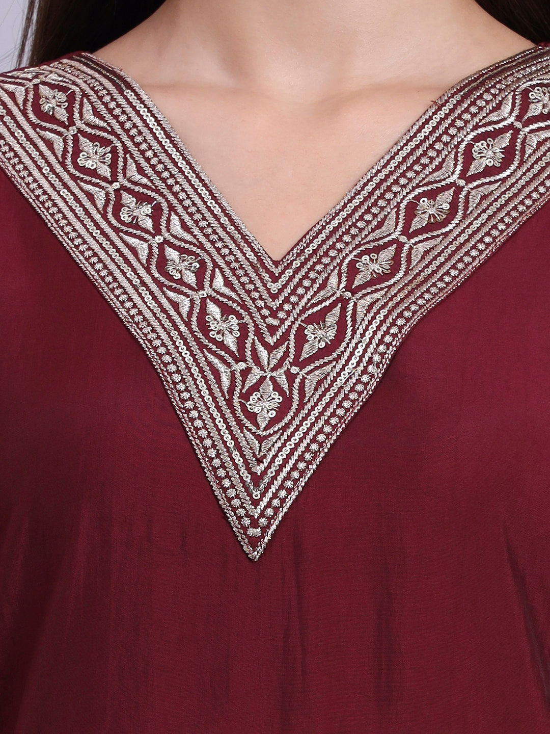 Maroon Embroidered V-Neck Kurta
