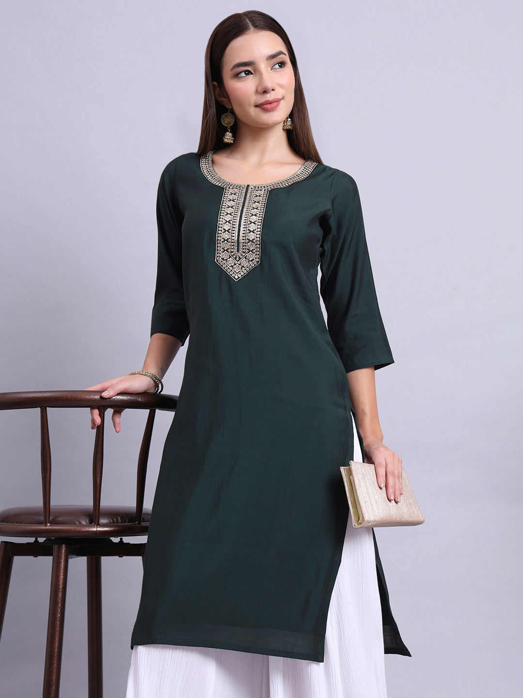 Wine Embroidered Straight Kurta