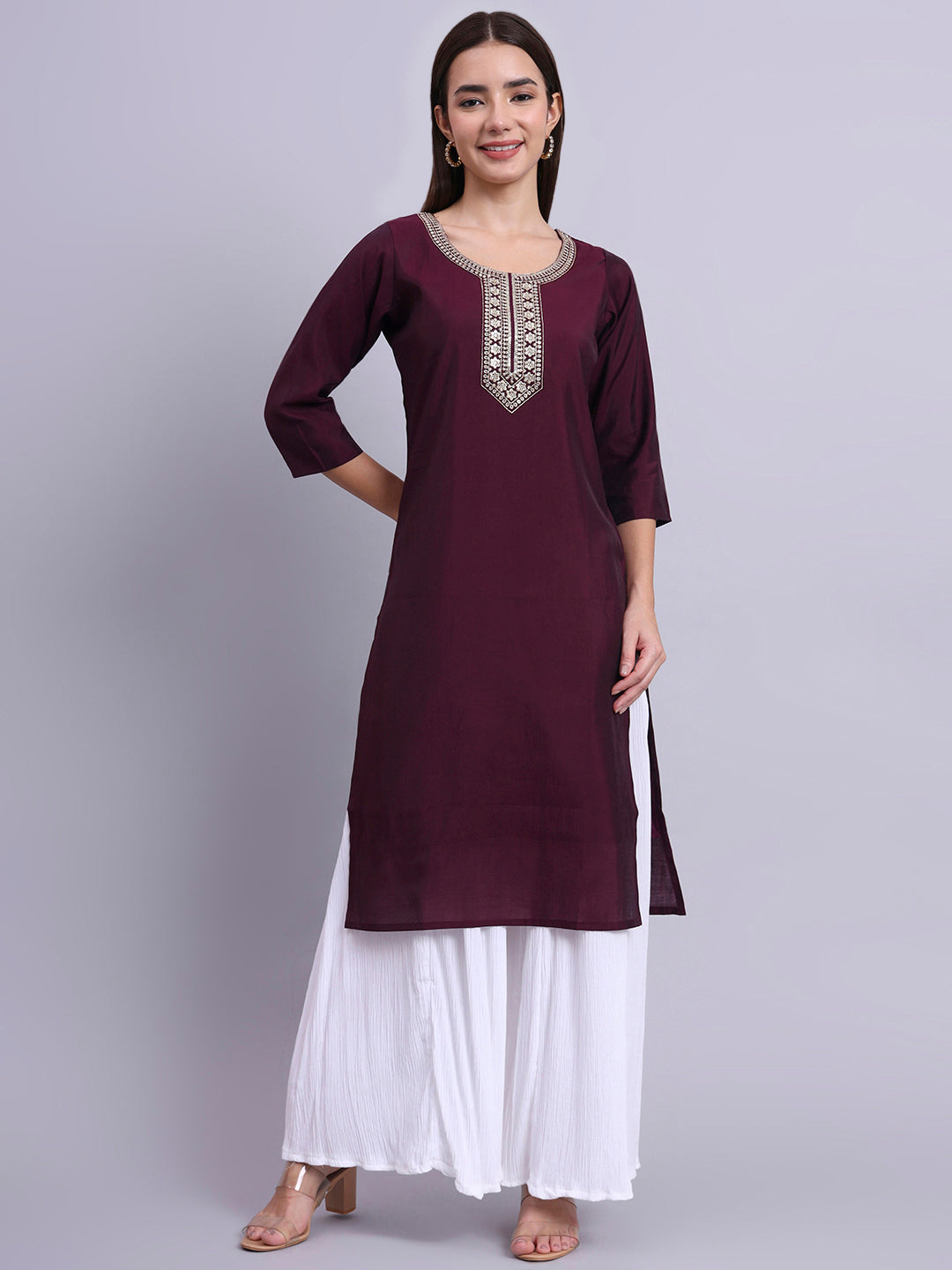 Wine Embroidered Straight Kurta