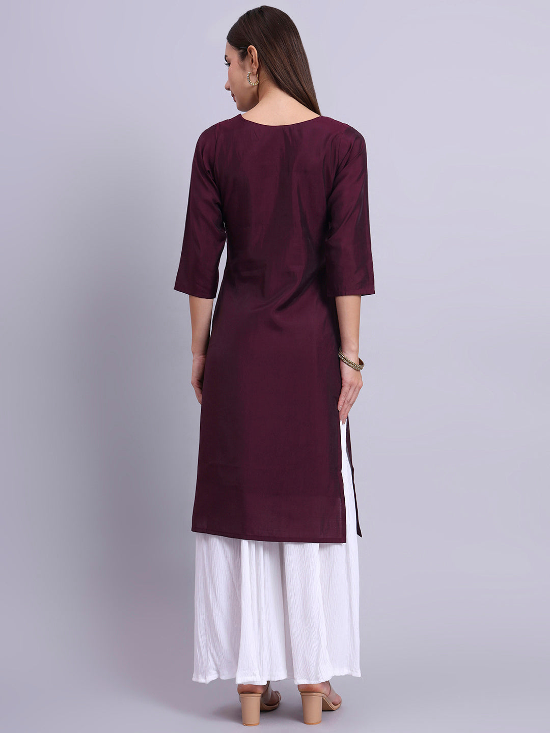 Wine Embroidered Straight Kurta