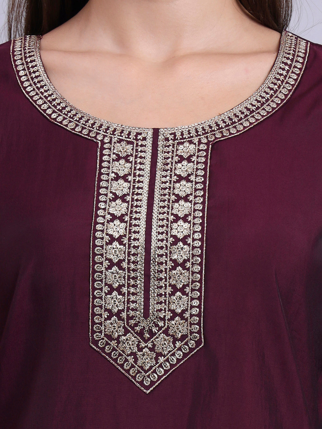 Wine Embroidered Straight Kurta