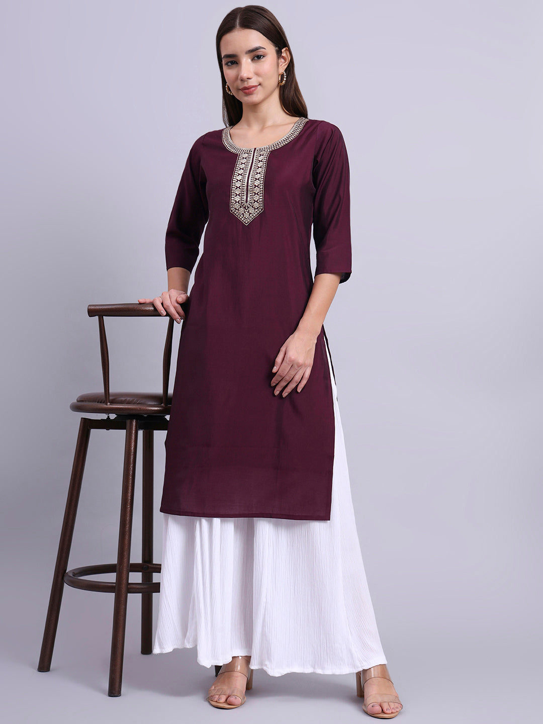 Wine Embroidered Straight Kurta