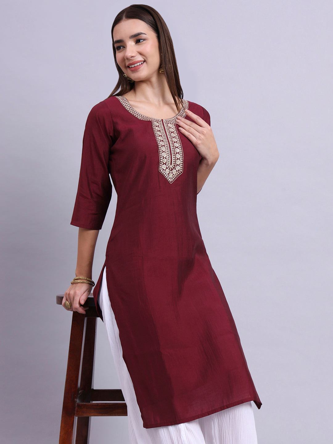 Wine Embroidered Straight Kurta