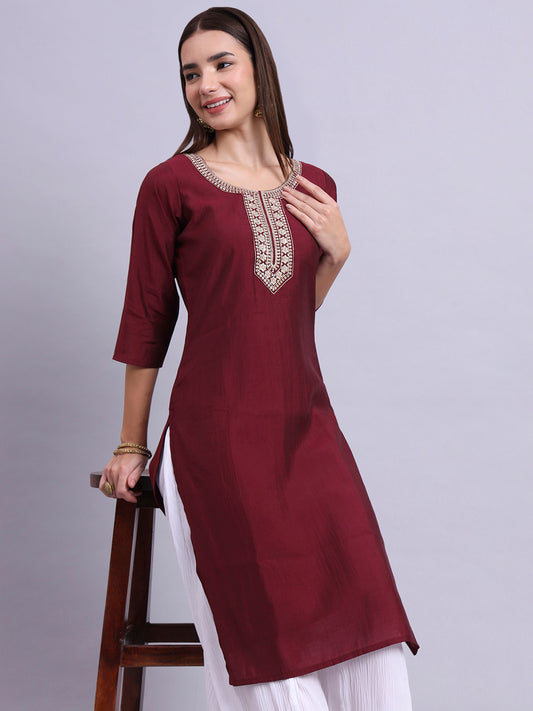 Maroon Minimum Embroidered Straight Kurta