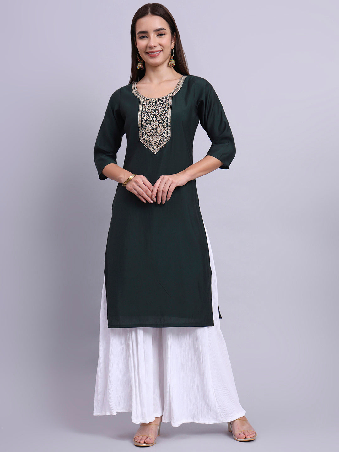 Bottle Green Embroidered Straight Kurta