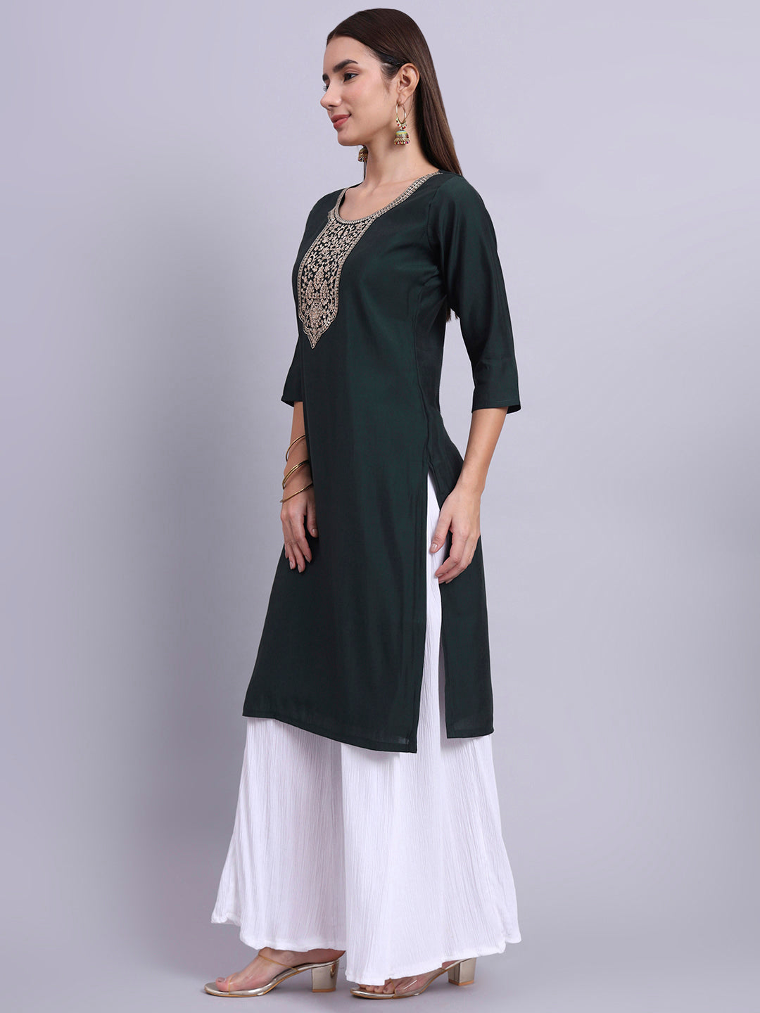 Bottle Green Embroidered Straight Kurta