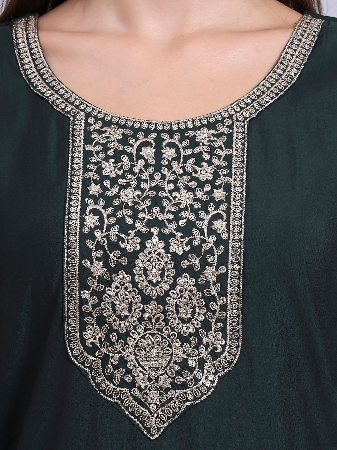Bottle Green Embroidered Straight Kurta