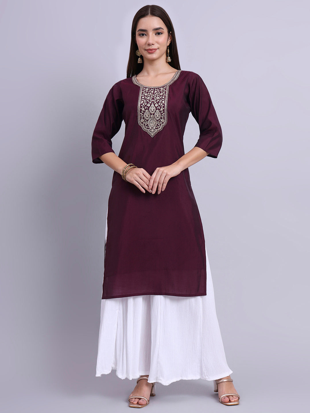 Wine Embroidered Straight Kurta