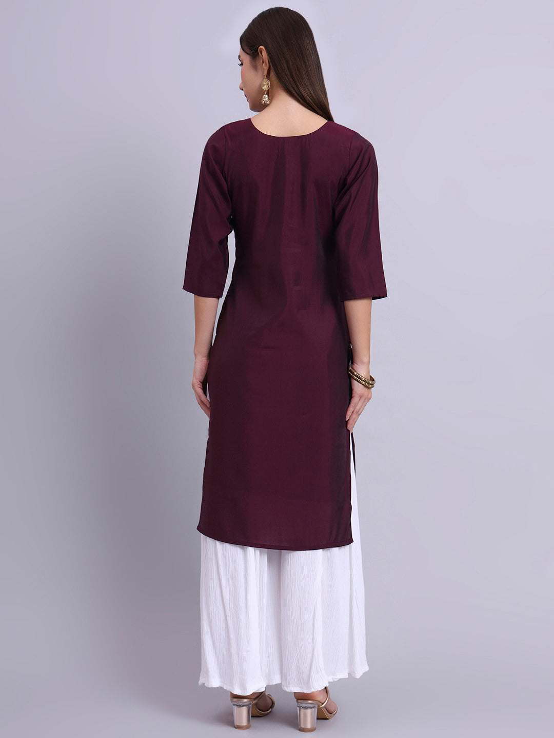 Wine Embroidered Straight Kurta