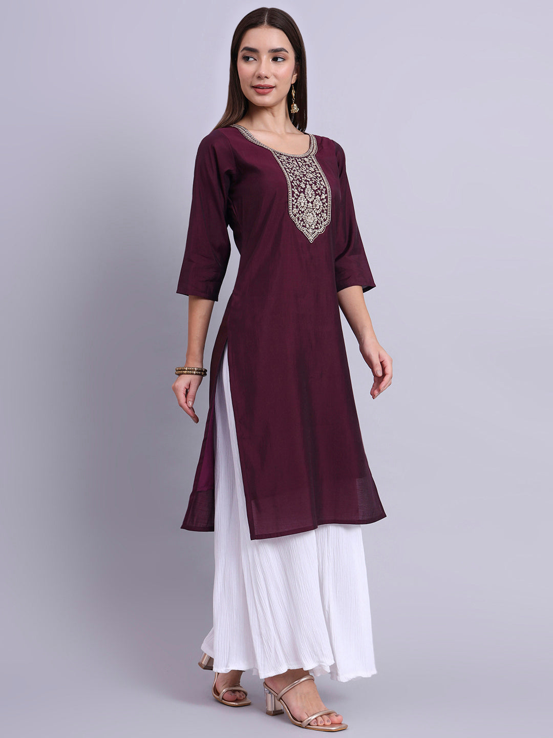 Wine Embroidered Straight Kurta
