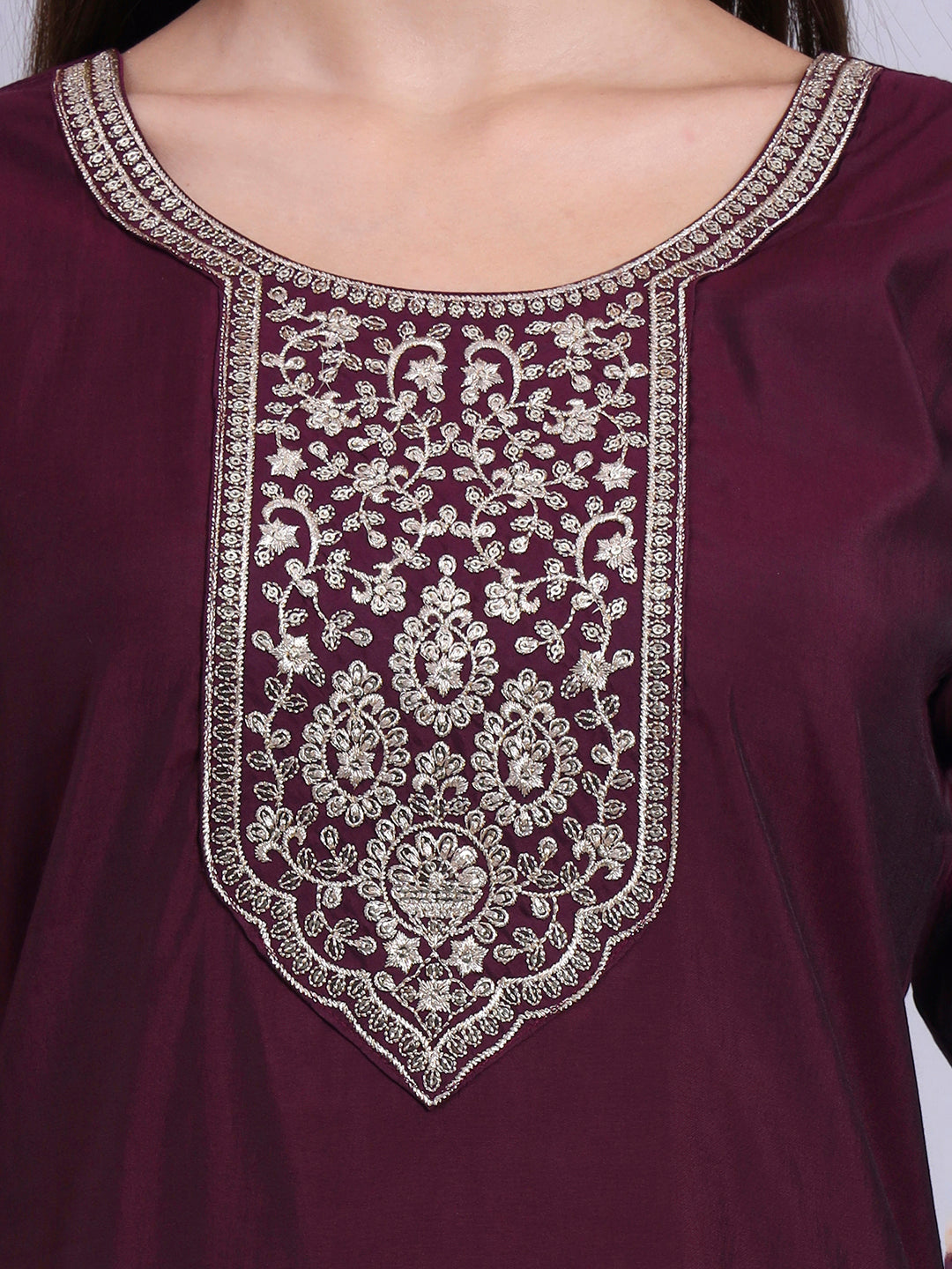 Wine Embroidered Straight Kurta