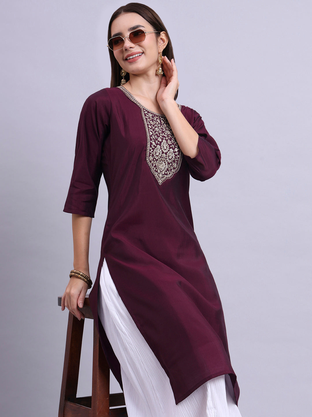 Maroon Embroidered Straight Kurta