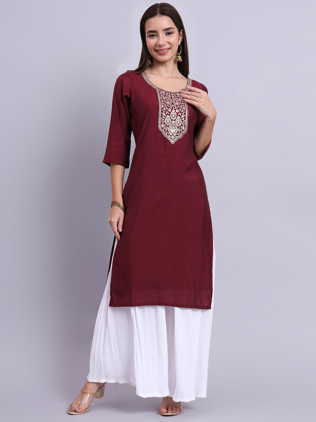 Maroon Embroidered Straight Kurta