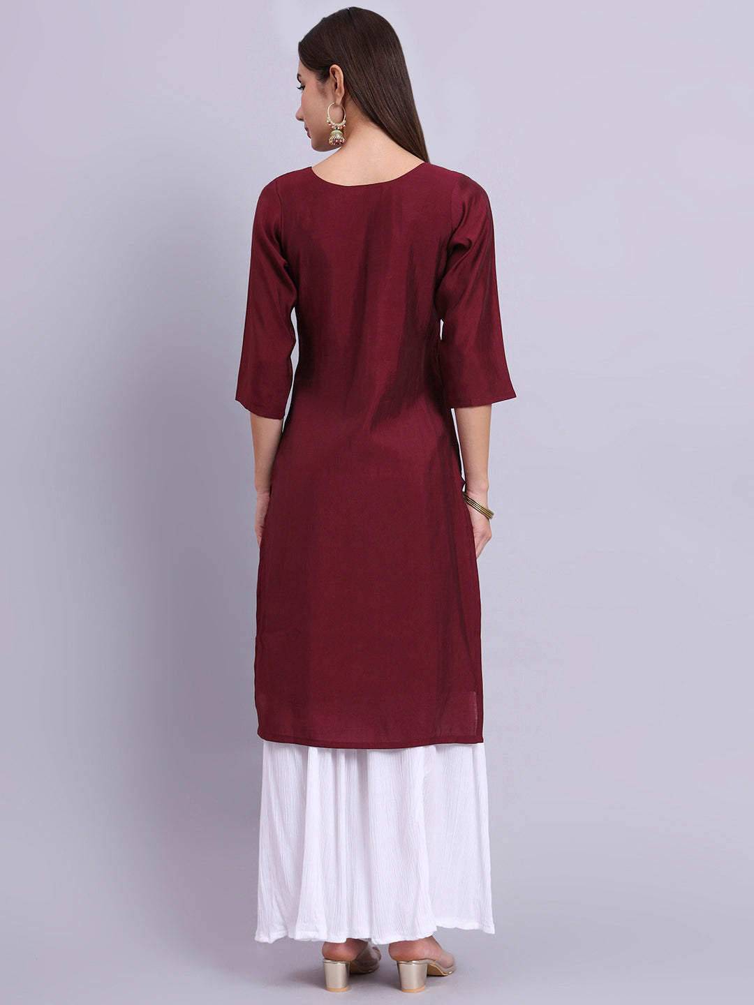 Maroon Embroidered Straight Kurta