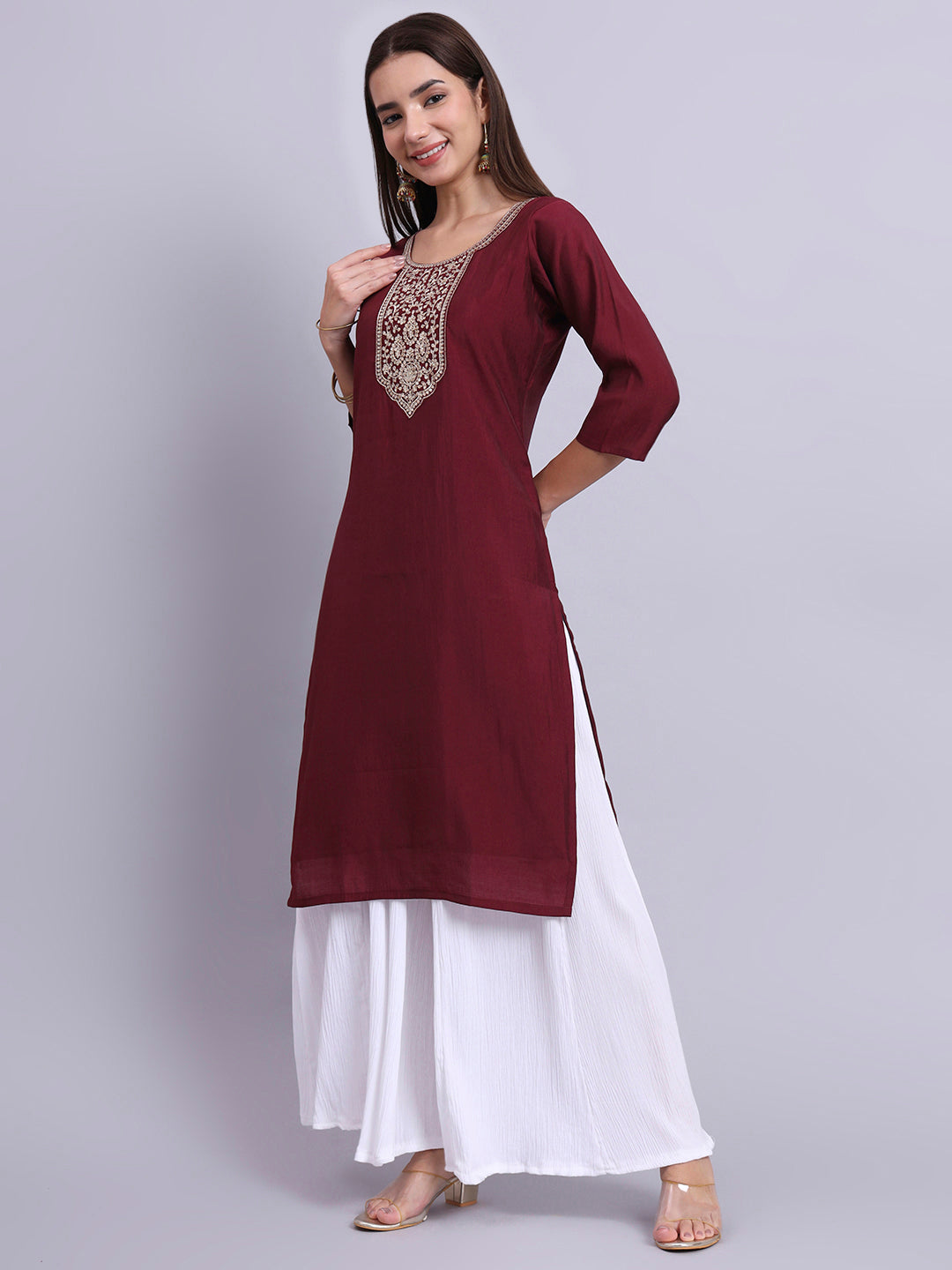 Maroon Embroidered Straight Kurta