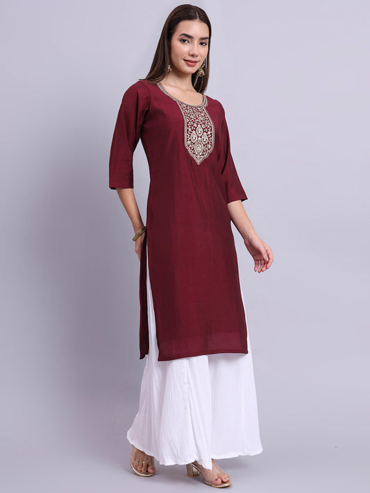 Maroon Embroidered Straight Kurta