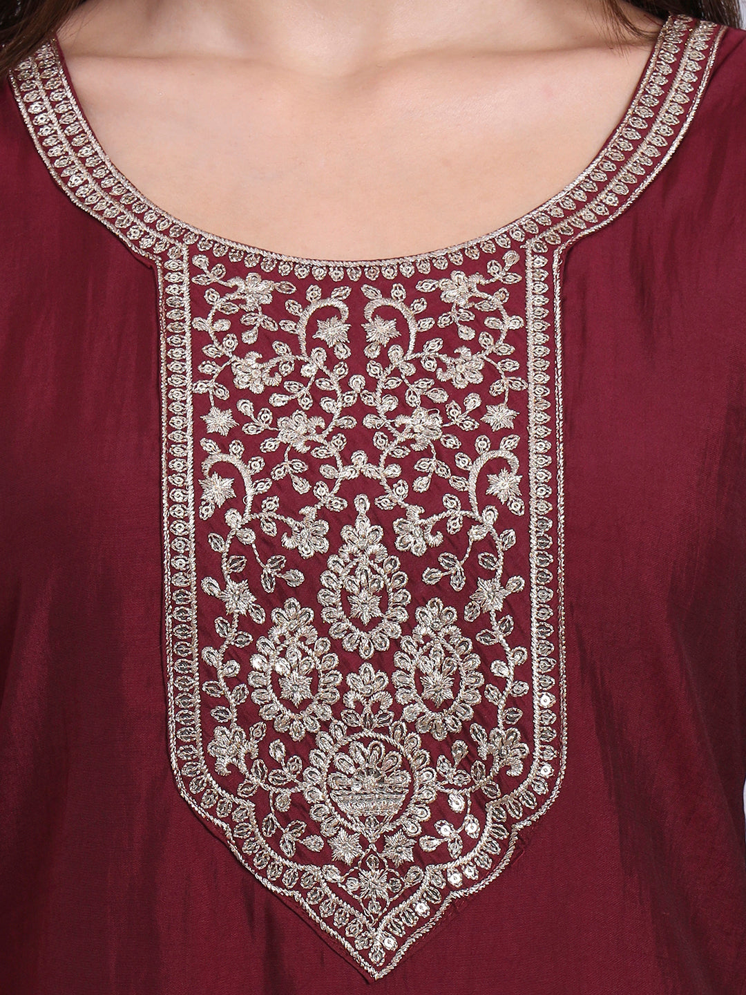Maroon Embroidered Straight Kurta
