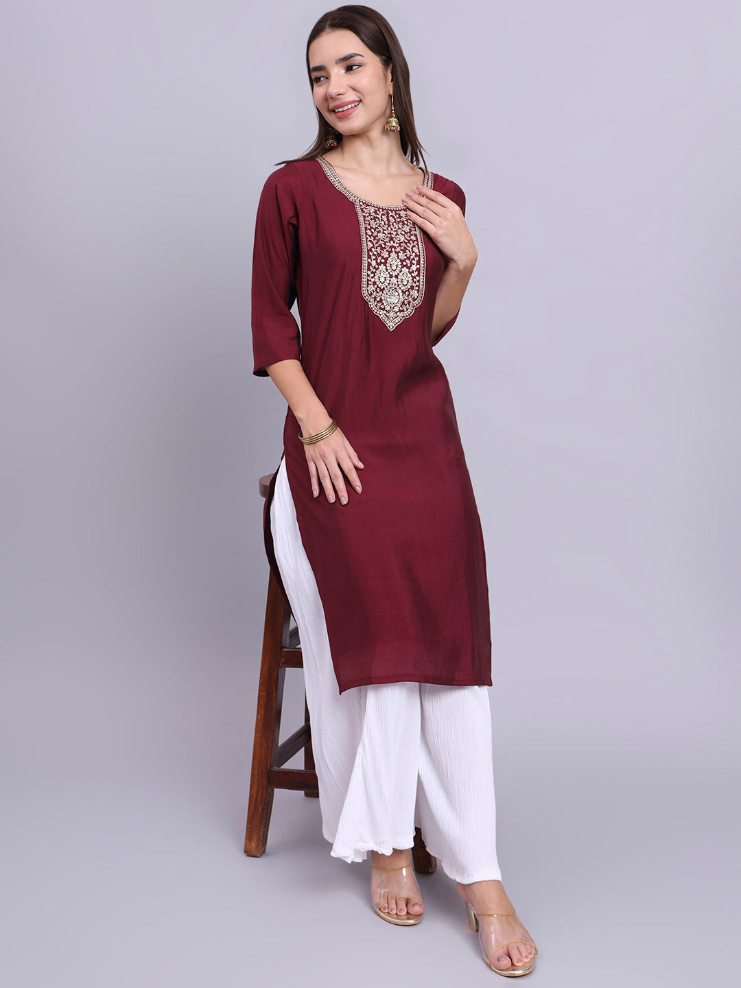 Maroon Embroidered Straight Kurta