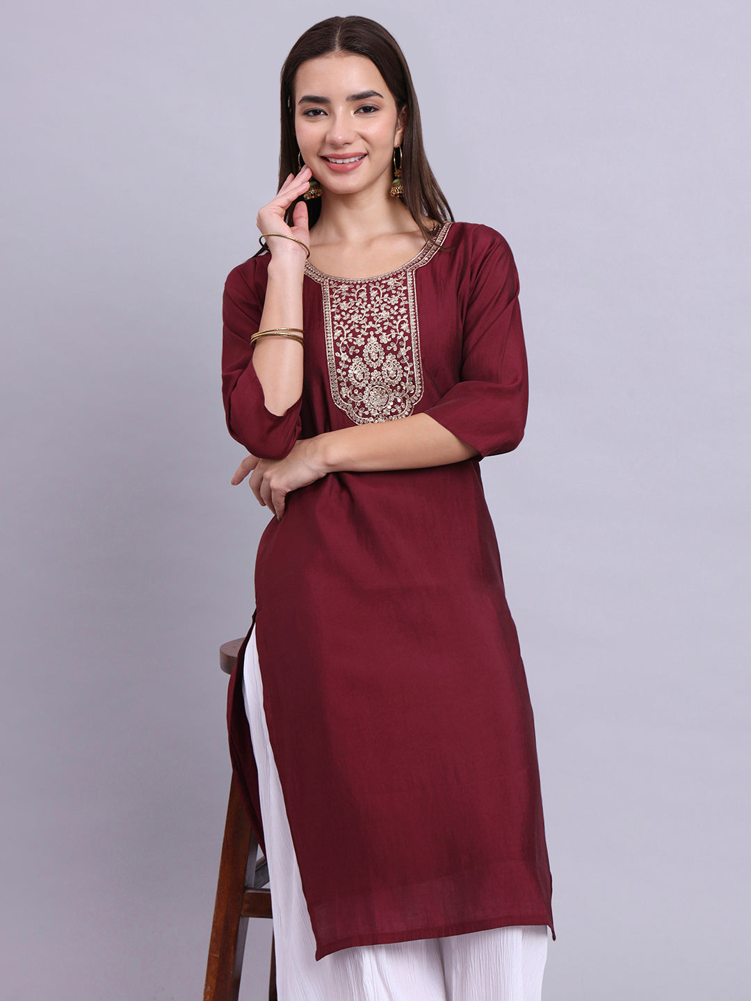 Maroon Embroidered Straight Kurta