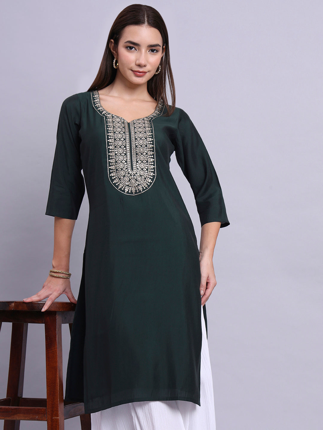 Round-Neck Embroidered Straight Kurta