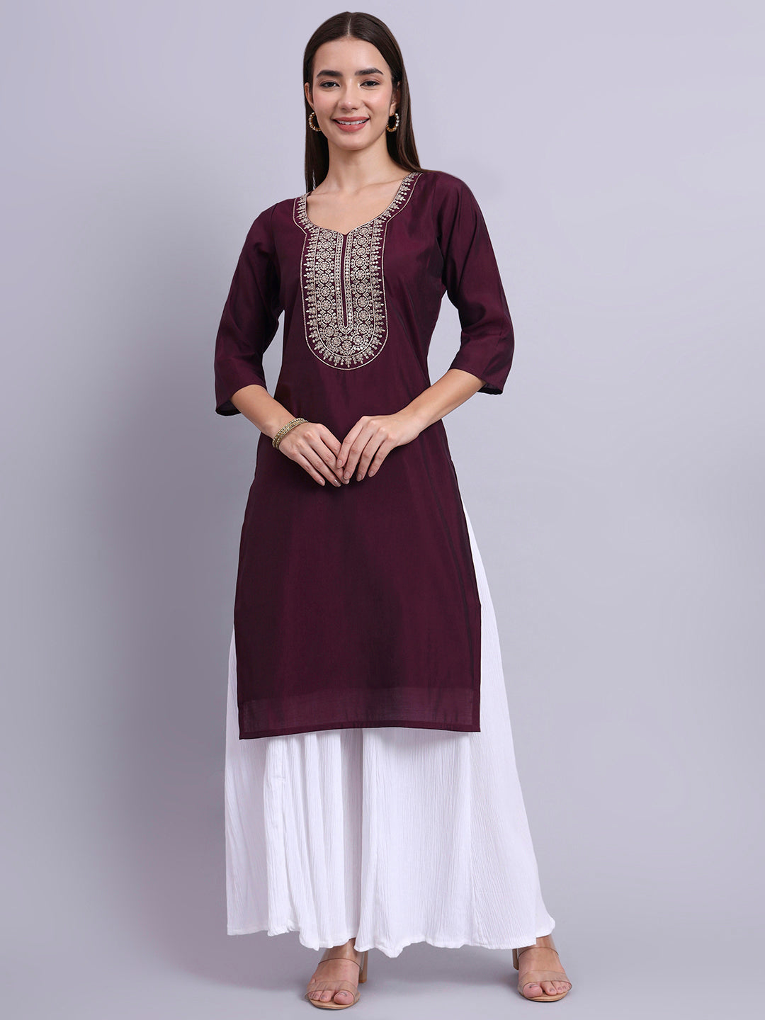 Wine Round-Neck Embroidered Straight Kurta